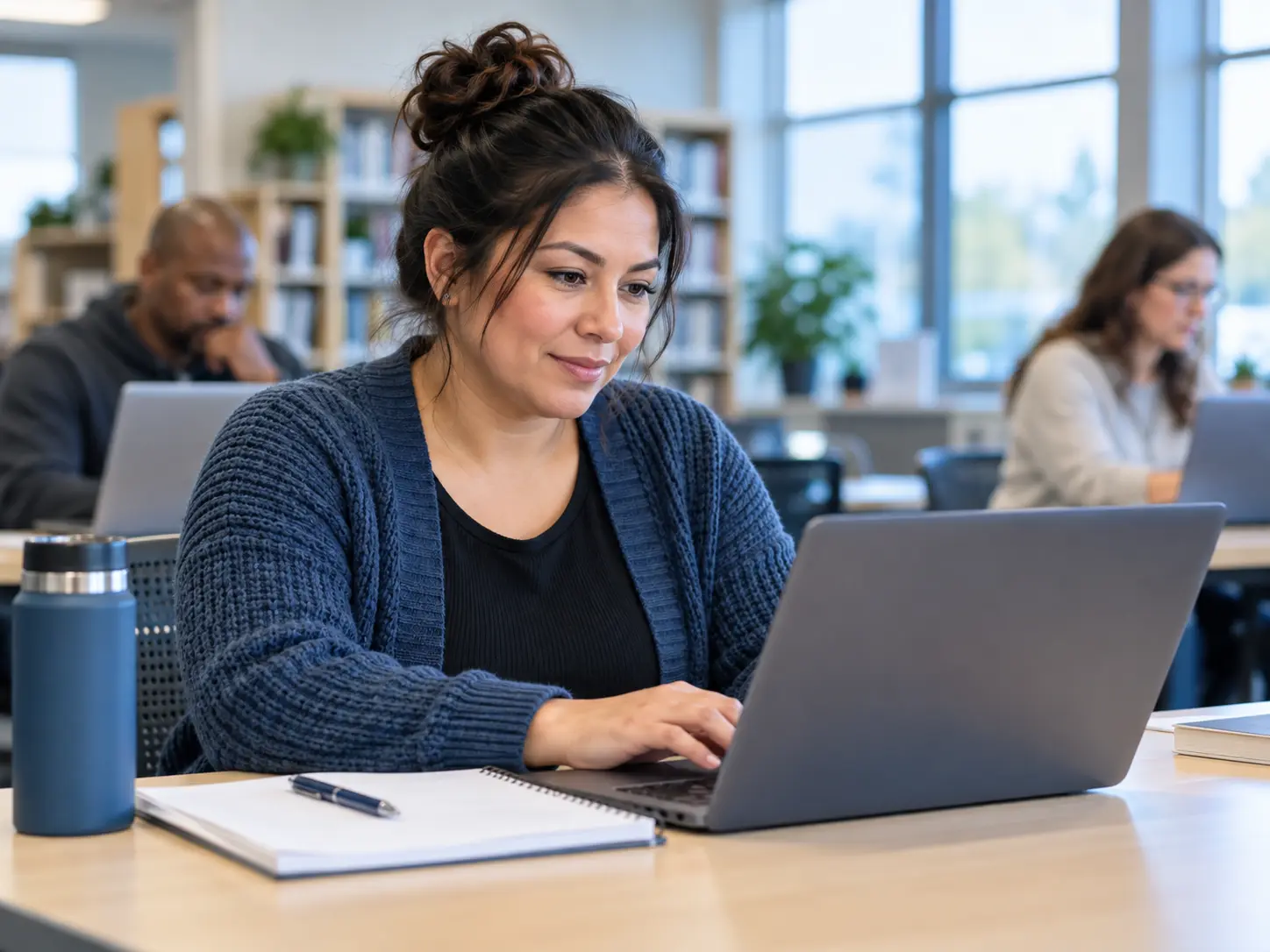 Adult learner using a laptop in a community education and technology space