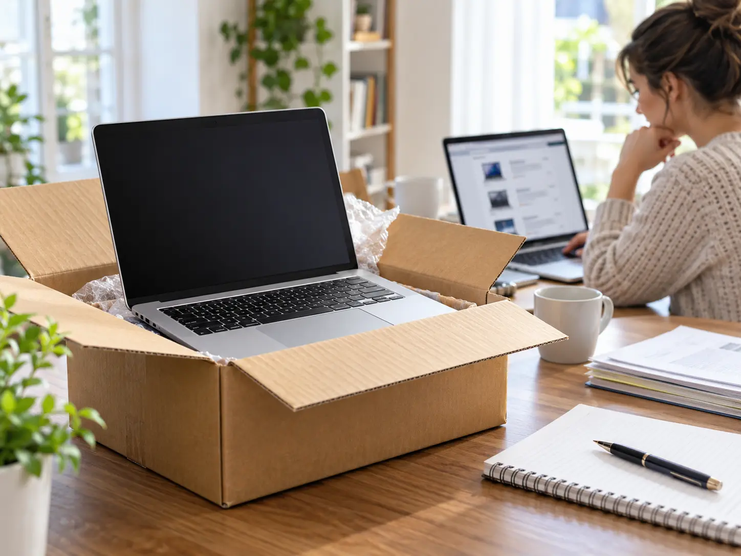 Consumer comparing a refurbished laptop listing and device condition information online