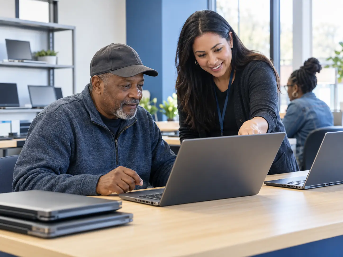 Adult reviewing a refurbished laptop with a staff member at a community technology program