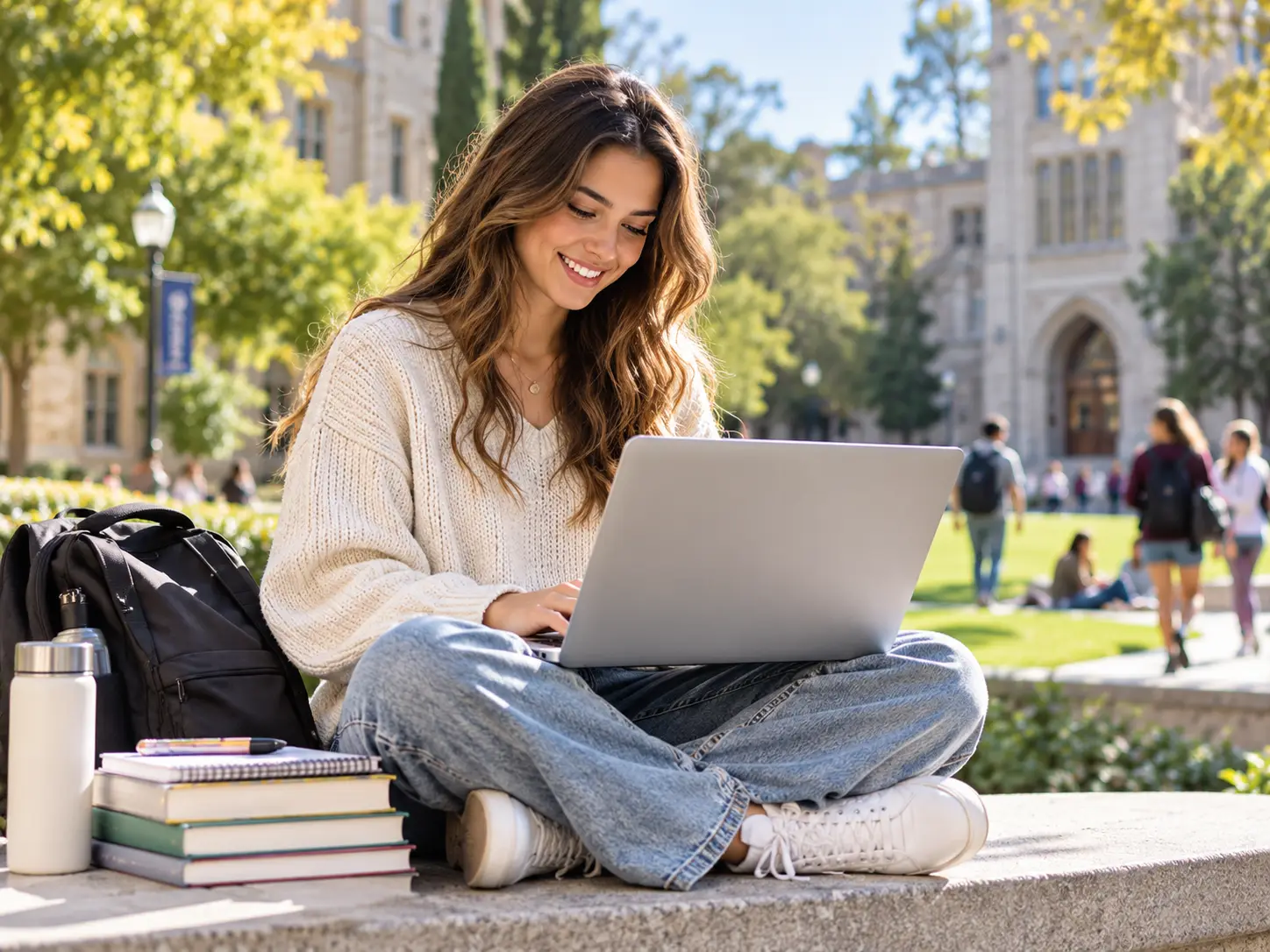 Student using a laptop for online coursework in a home study space